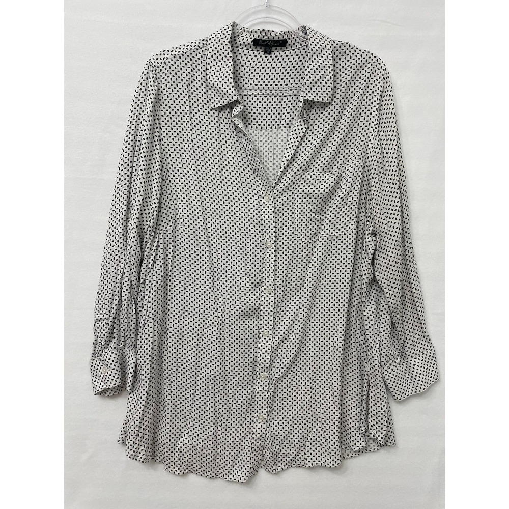 Velvet Heart Button Down Shirt Size 1X White Black Geo Dot Preppy Casual Comfy